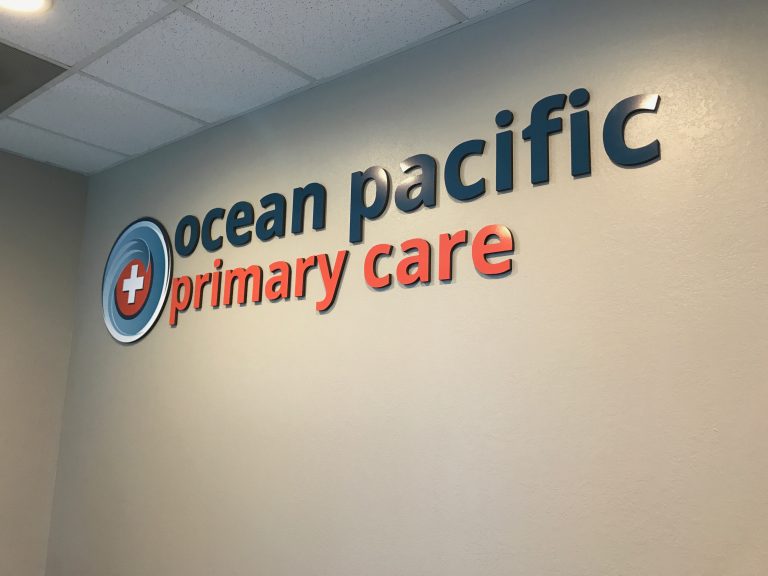 Indoor foam letter sign advertising Ocean Pacific Primary Care